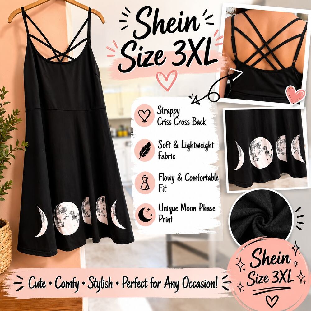 SHEIN Moon Phase Dress Women's 3XL Black Strappy Dress